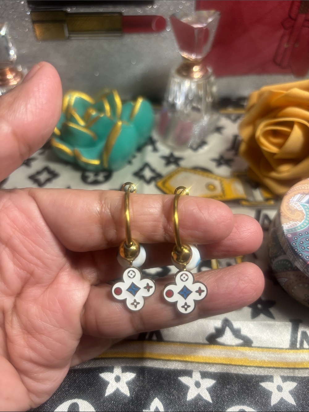 Gold-Tone Hoop Earrings with White Enamel Clover Charms